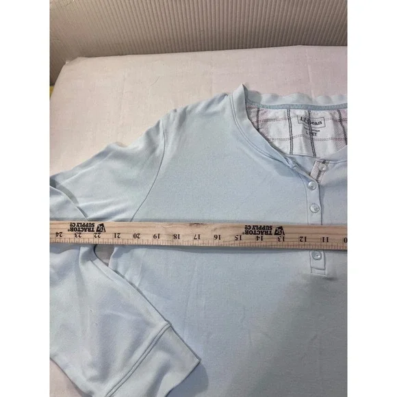 LLBean Long Sleeve Henley Pajama Set Top Pants Light Blue Plaid Cotton L PET - Picture 4 of 15